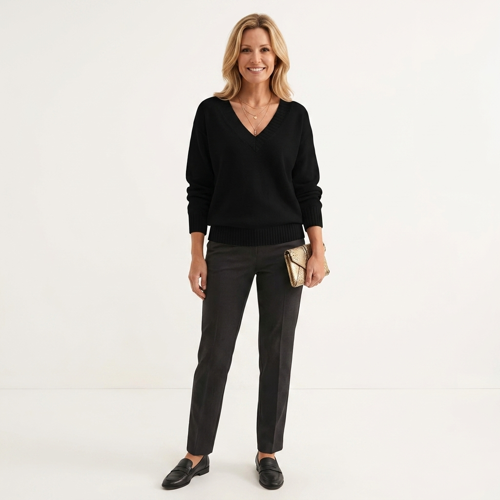 Black cashmere V-neck knit sweater with relaxed balloon sleeves and ribbed hem