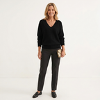Black cashmere V-neck knit sweater with relaxed balloon sleeves and ribbed hem