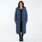 Dark blue hooded long cable knit cardigan with button front and side pockets
