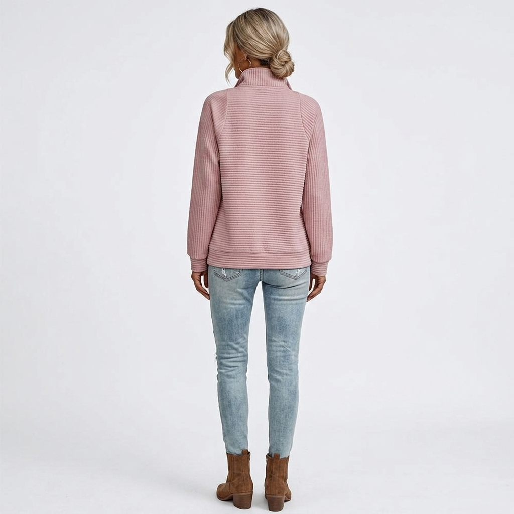 Pink ribbed quarter-zip sweater back view with raised collar, long sleeves