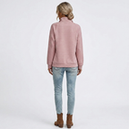 Pink ribbed quarter-zip sweater back view with raised collar, long sleeves