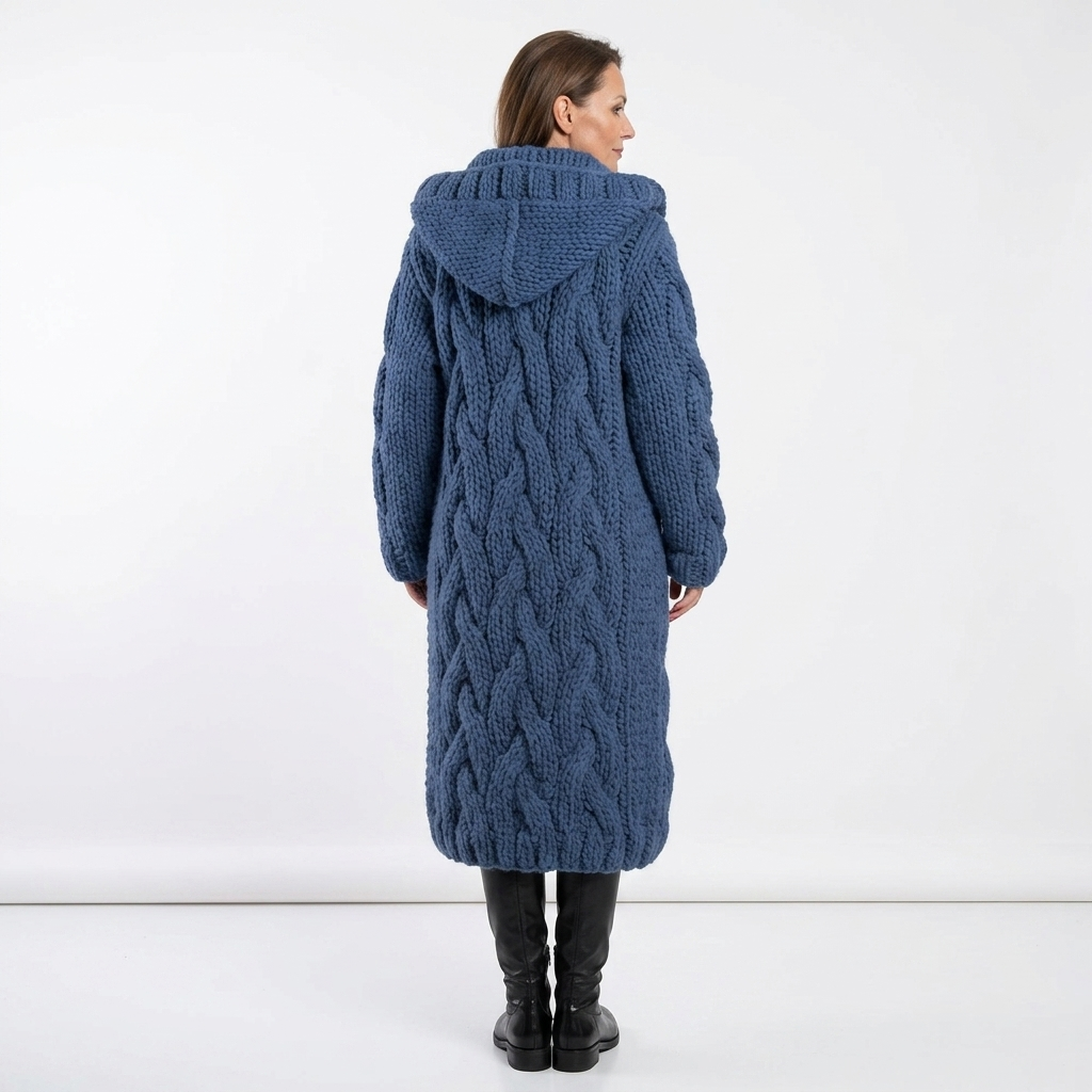 Dark blue hooded long cable knit cardigan shown from the back