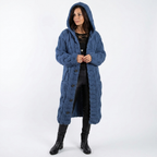 Dark blue hooded long cable knit cardigan with button front and side pockets
