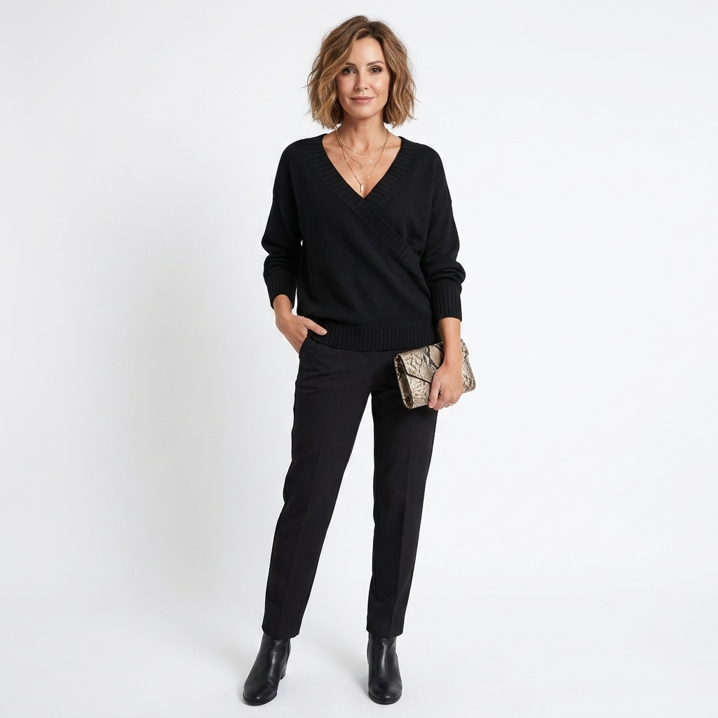 Black cashmere V-neck knit pullover with balloon sleeves and ribbed cuffs