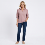 Pink ribbed quarter-zip sweater with raised collar, 3/4 sleeves