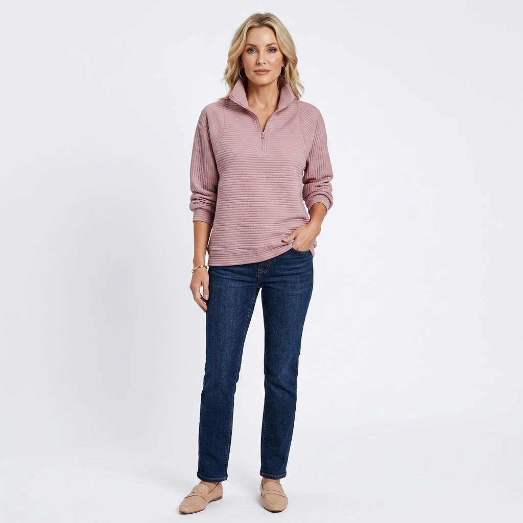 Pink ribbed quarter-zip sweater with raised collar, 3/4 sleeves