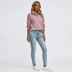 Pink ribbed quarter-zip knit pullover with raised collar, long sleeves