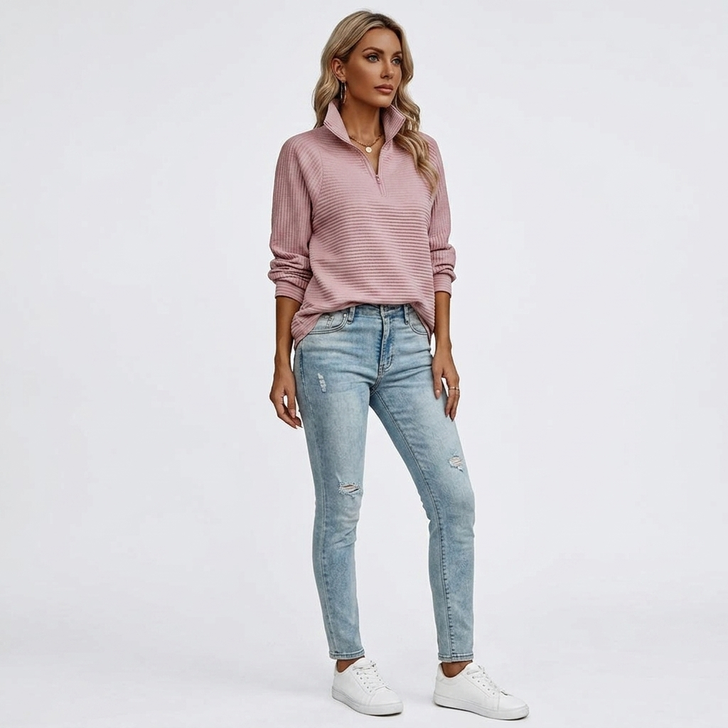 Pink ribbed quarter-zip knit pullover with raised collar, long sleeves