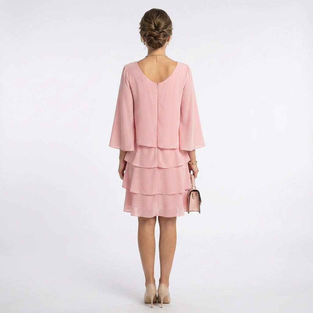 Women's pink ruffle A-line midi dress, back view, layered tiers with three-quarter sleeves
