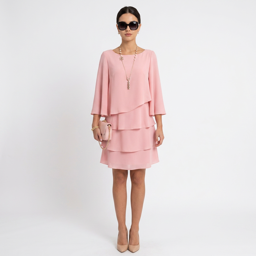 Women's pink tiered ruffle A-line midi dress with scoop neckline and three-quarter sleeves