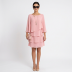 Women's pink tiered ruffle A-line midi dress with scoop neckline and three-quarter sleeves