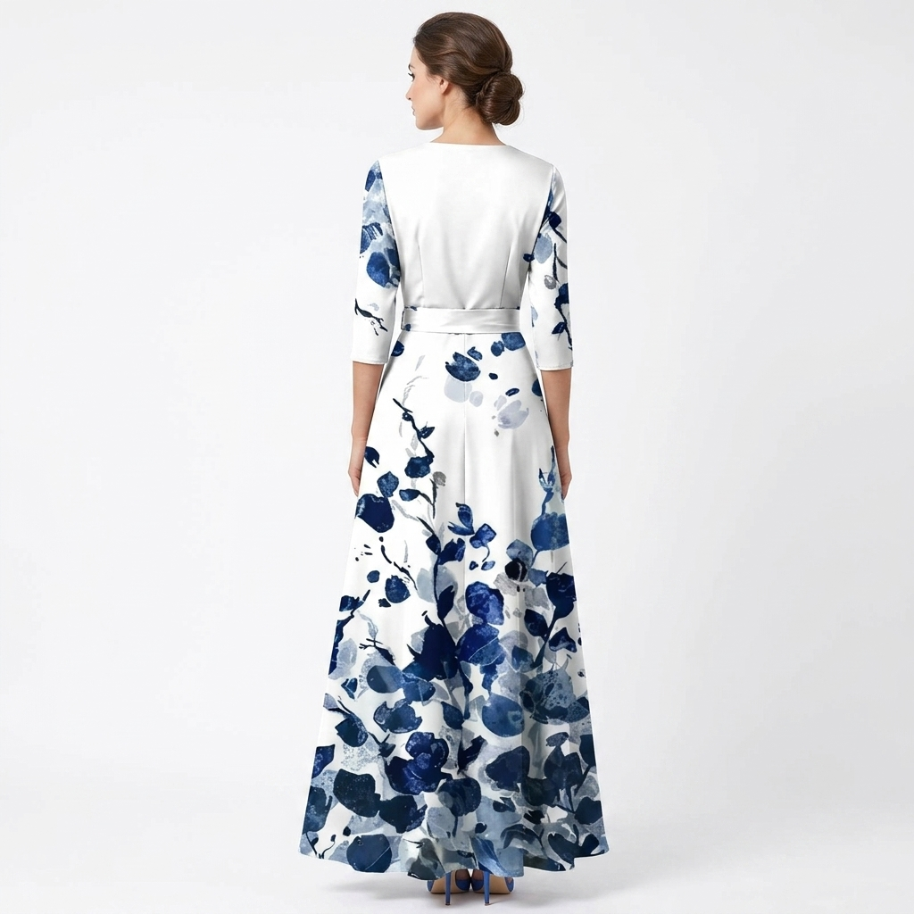 Women’s wrap maxi dress back view, white with blue floral print, V-neck, flowing long skirt