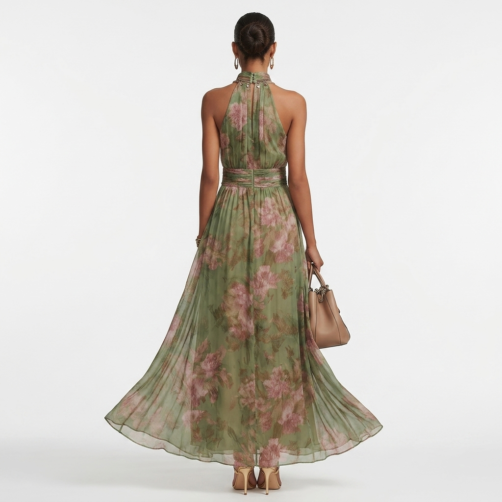Women’s halter maxi dress, back full view, green floral print and flowing maxi hem.