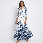 Women’s white floral wrap maxi dress with V-neck and 3/4 sleeves, blue botanical print