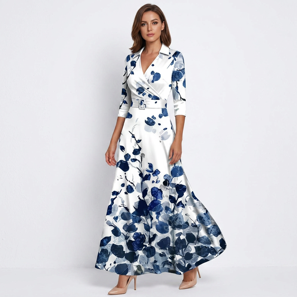 Women’s white floral wrap maxi dress with V-neck and 3/4 sleeves, blue botanical print
