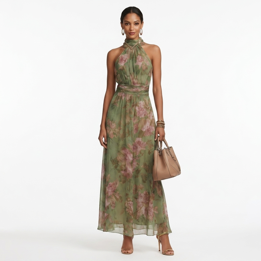 Women’s halter maxi dress, front full view, green floral print with draped skirt.