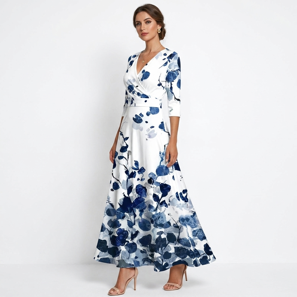 Women’s wrap maxi dress with V-neck, three-quarter sleeves, white base with blue floral design