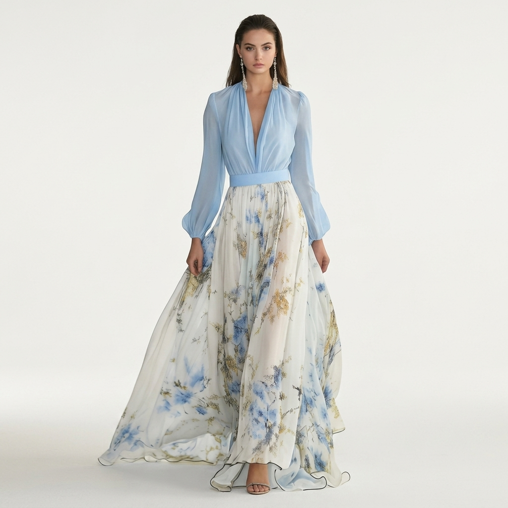 Light blue V-neck maxi dress with long sleeves and flowing blue floral print skirt.