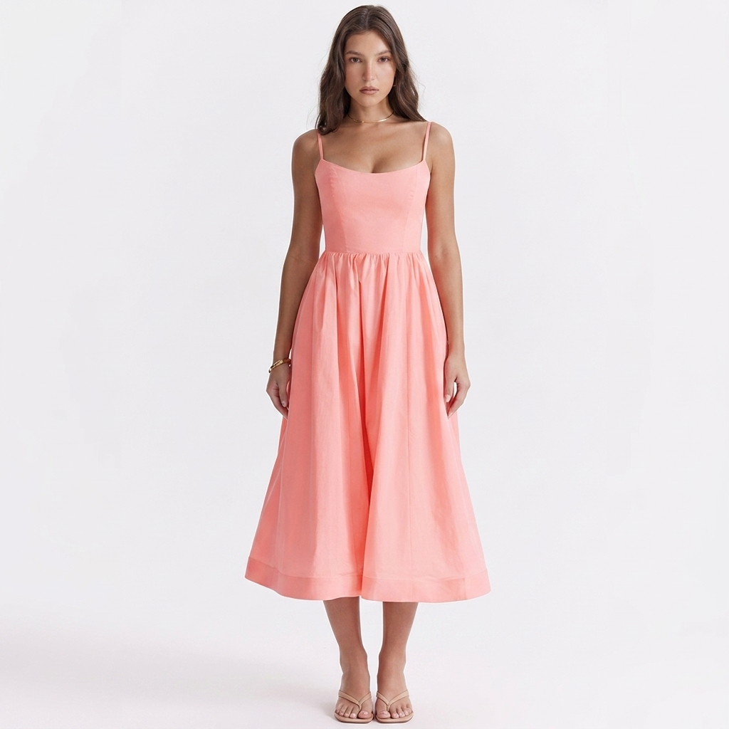 Pink sleeveless corset-style midi dress with spaghetti straps and flared gathered skirt