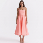 Pink sleeveless corset-style midi dress with spaghetti straps and flared gathered skirt