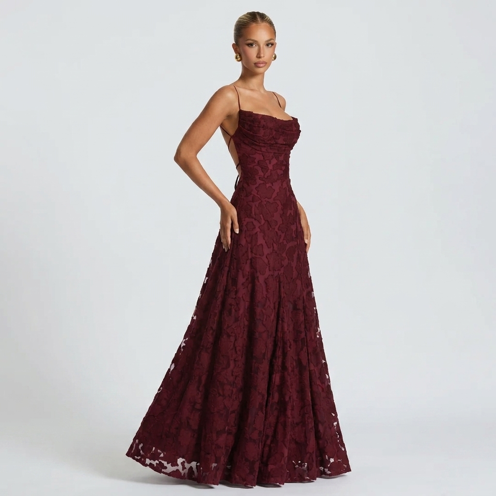Burgundy lace maxi dress, square bodice with thin straps and tiered full skirt