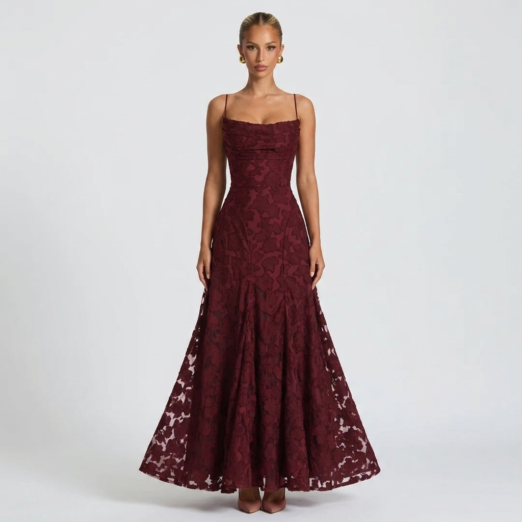 Burgundy lace maxi dress with spaghetti straps, corset-style bodice and full skirt