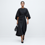 Black satin kimono sleeve wrap midi dress with waist tie