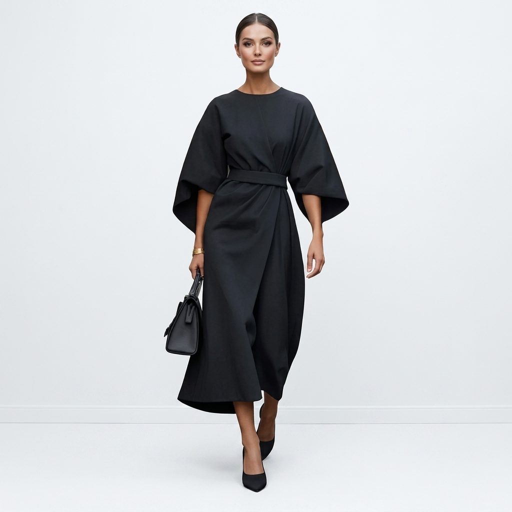 Black satin kimono sleeve wrap midi dress with waist tie