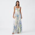 Floral pleated maxi dress in white with blue botanical print, square neckline, sleeveless