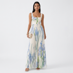 Floral pleated maxi dress in white with blue botanical print, square neckline, sleeveless