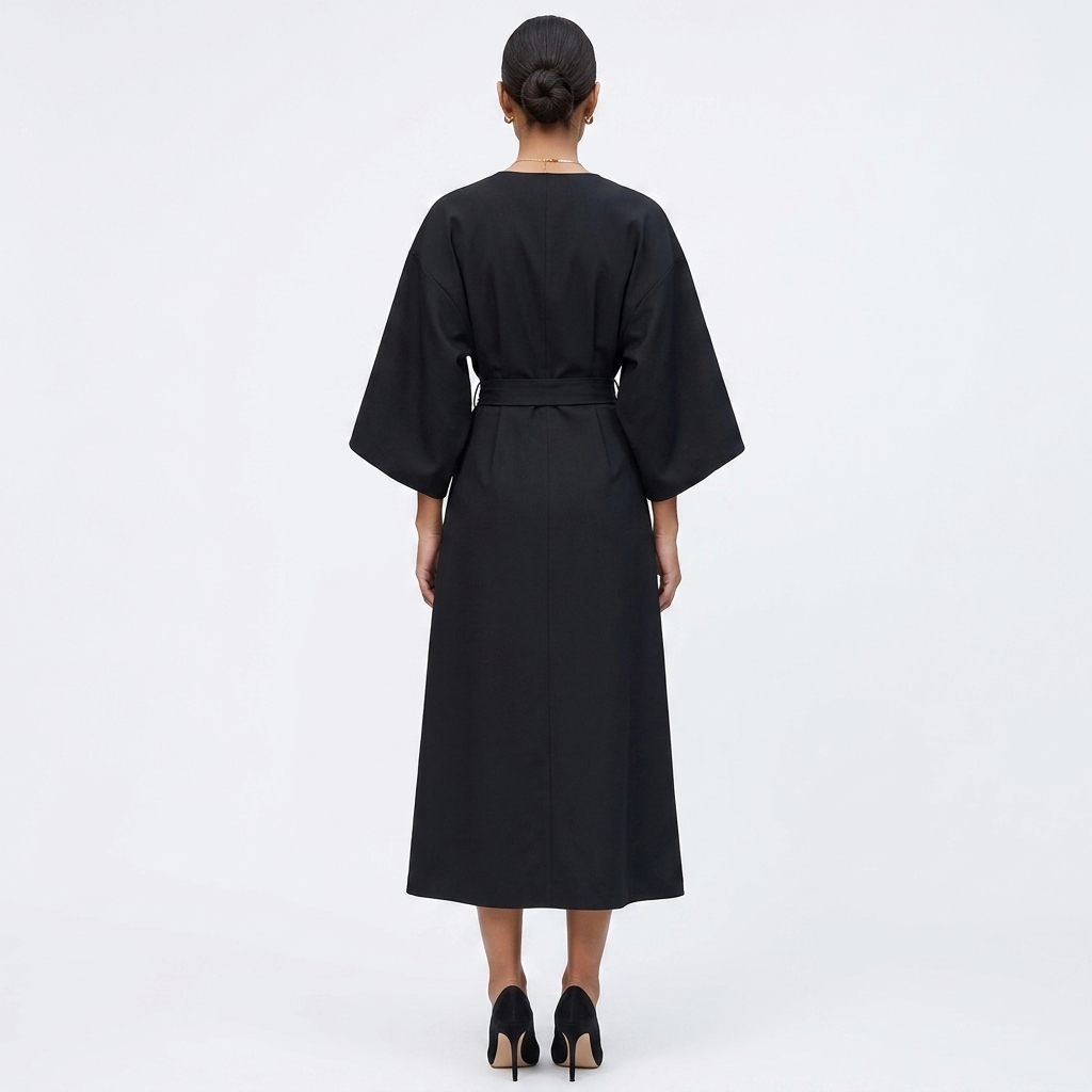 Black satin kimono sleeve wrap midi dress, back view with waist belt