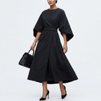 Black satin kimono sleeve wrap midi dress with gathered waist belt