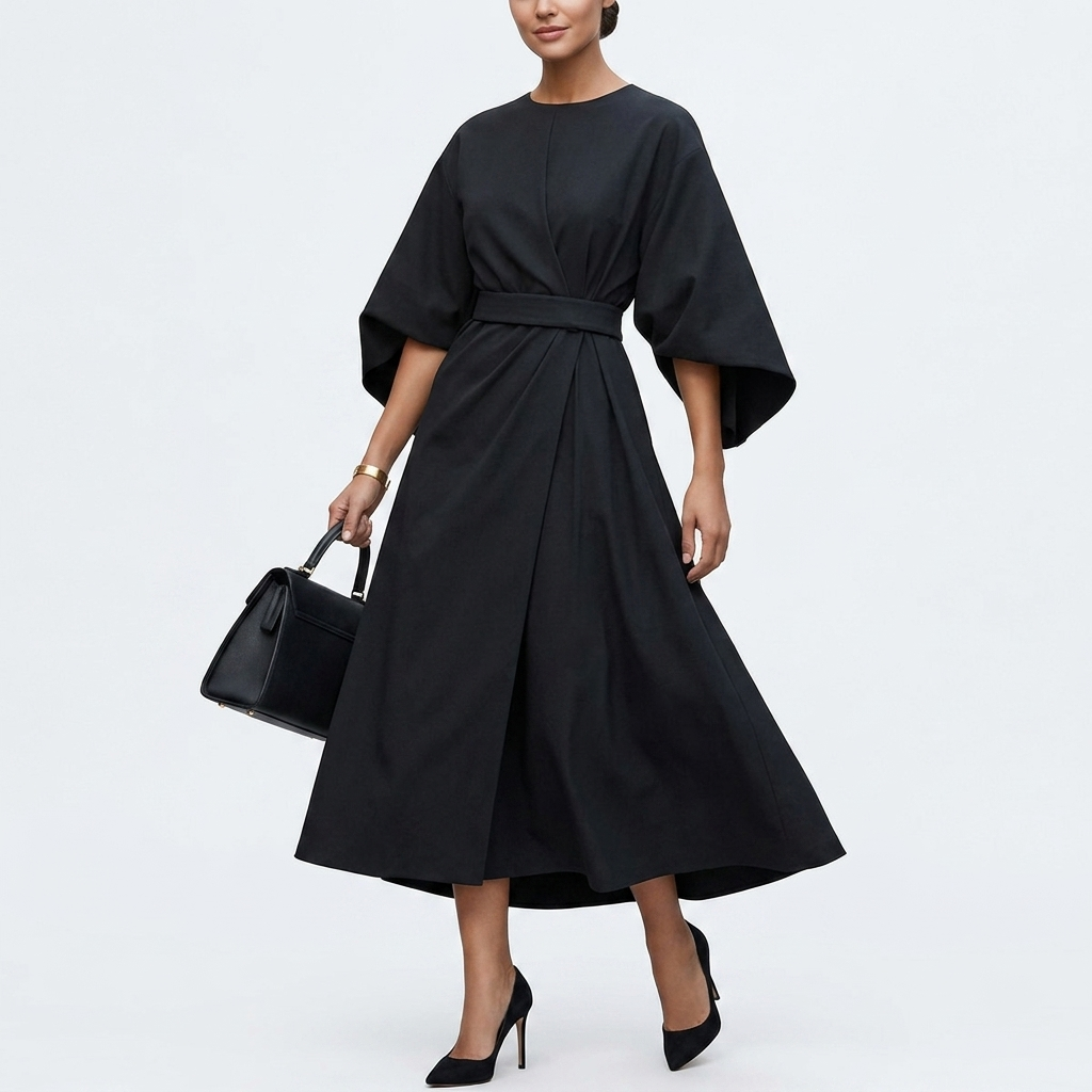 Black satin kimono sleeve wrap midi dress with gathered waist belt