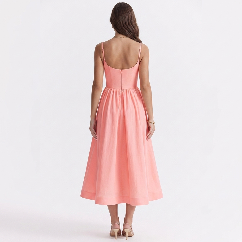 Pink sleeveless corset-style midi dress shown from back, with thin straps and gathered skirt