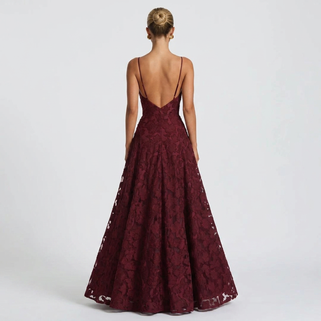 Burgundy lace maxi dress, open back with thin straps and full gathered skirt