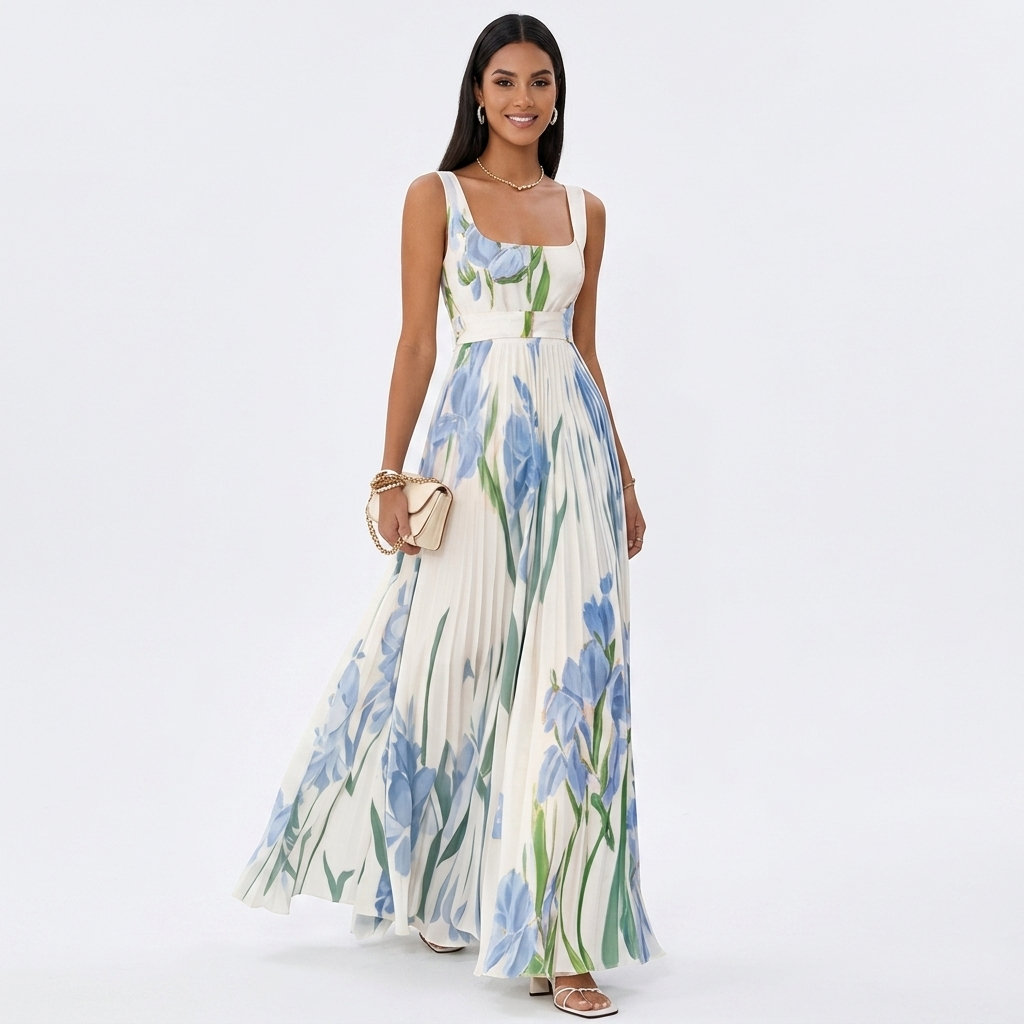 Floral pleated maxi dress in white with blue botanical print, square neckline, sleeveless