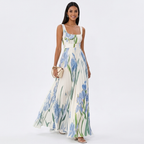 Floral pleated maxi dress in white with blue botanical print, square neckline, sleeveless