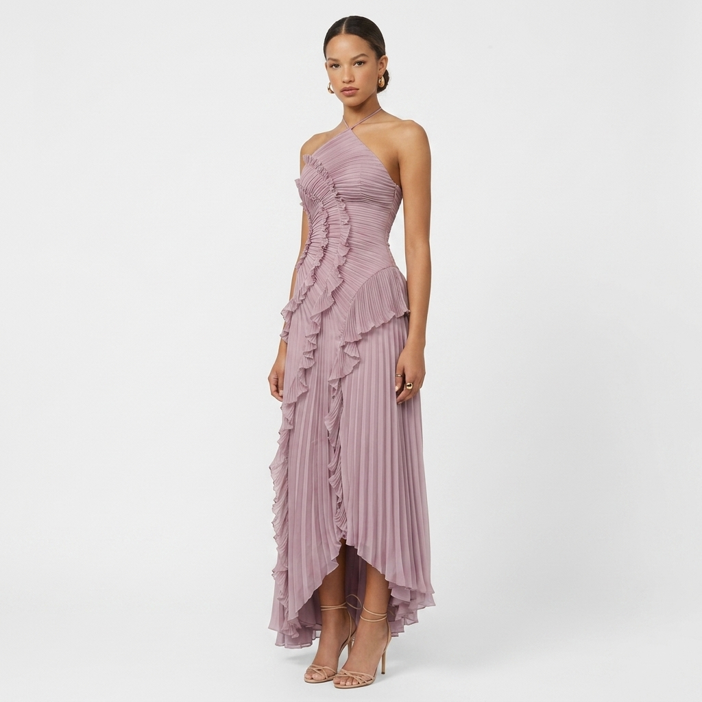 Women's spiral ruffle halter dress, pale lilac with striped texture and tiered ruffles