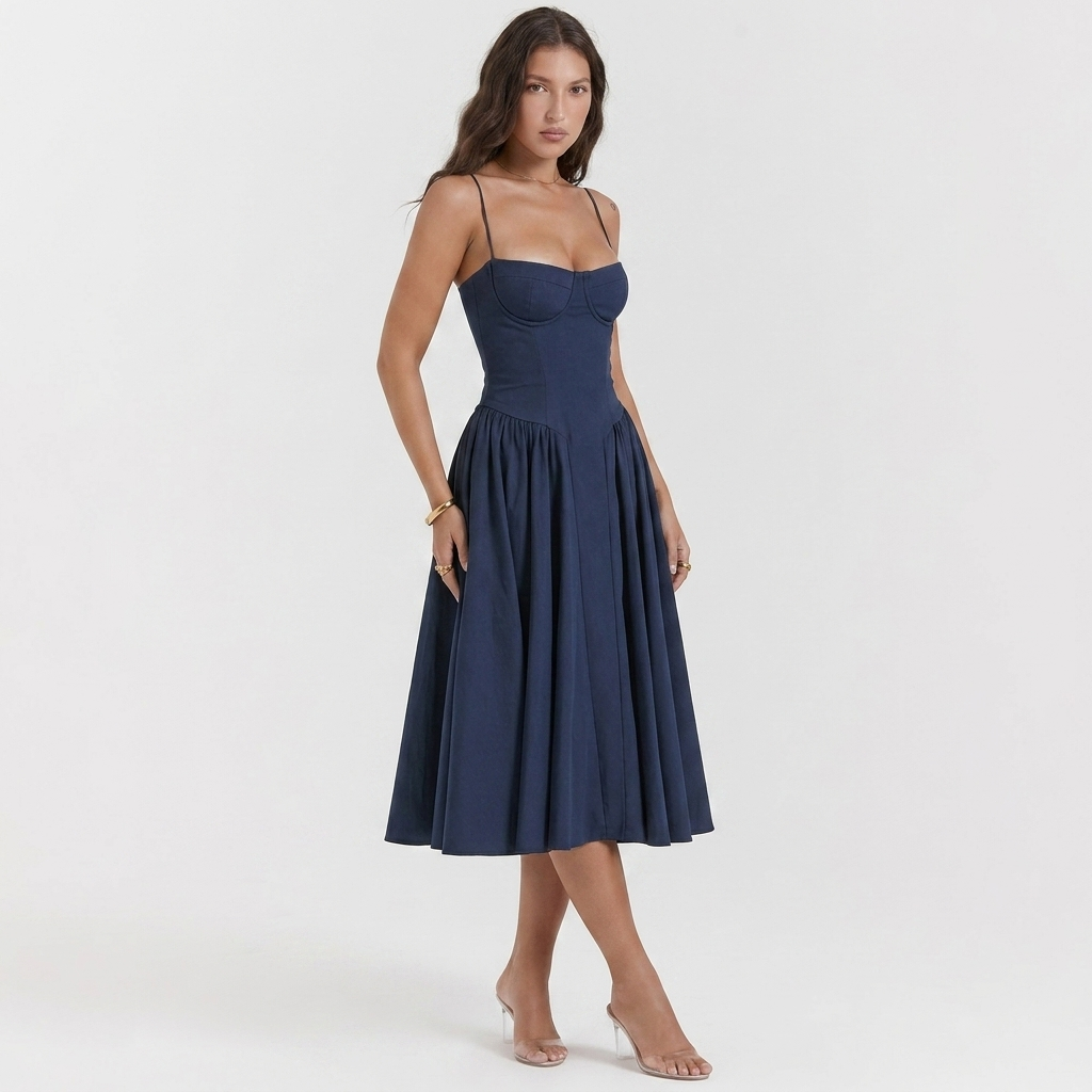Navy blue A-line dress with sweetheart bodice, spaghetti straps, gathered pleated skirt