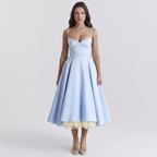 Light blue bustier midi dress with thin straps and layered tulle high-low hem