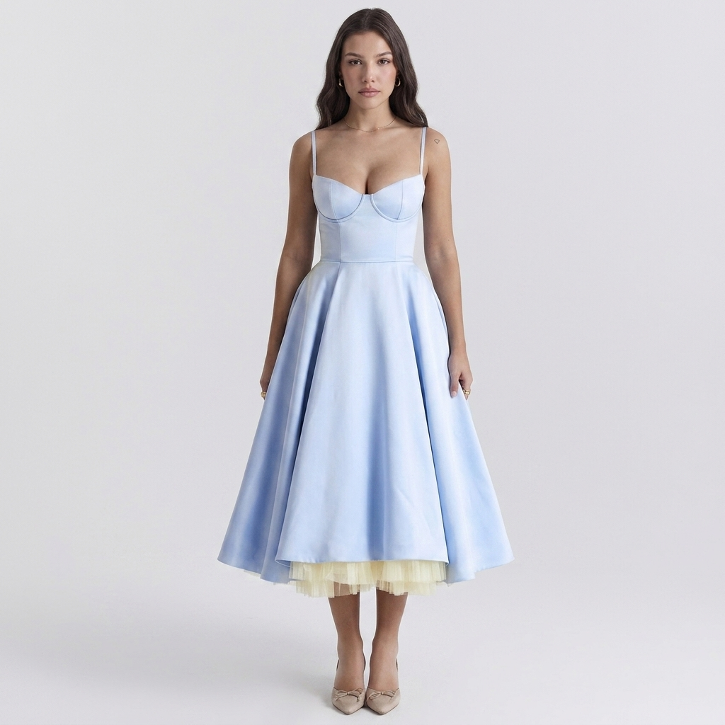 Light blue bustier midi dress with thin straps and layered tulle high-low hem