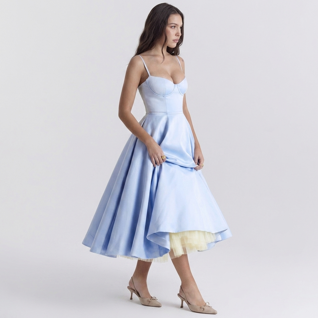 Women's blue bustier midi dress with layered tulle high-low skirt