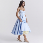 Women's blue bustier midi dress with layered tulle high-low skirt
