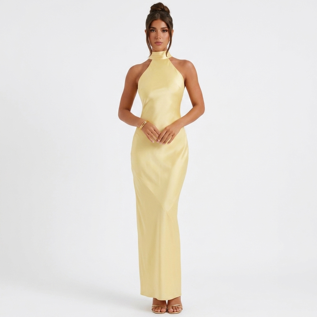 Lemon satin halter neck maxi dress, sleeveless fitted bodice and long straight skirt