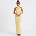 Lemon satin halter neck maxi dress, sleeveless fitted bodice and long straight skirt
