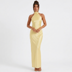 Lemon satin halter neck maxi dress, sleeveless fitted bodice and long straight skirt
