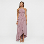 Women's spiral ruffle halter dress in dusty lilac, pleated bodice and cascading ruffles