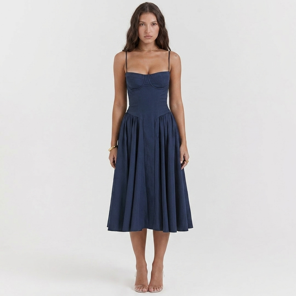 Navy blue A-line dress with sweetheart bodice, spaghetti straps, pleated midi skirt