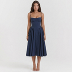 Navy blue A-line dress with sweetheart bodice, spaghetti straps, pleated midi skirt