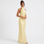 Light yellow satin halter neck maxi dress with sleeveless fitted bodice and ankle hem